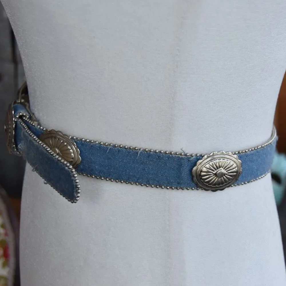 Vintage Y2K Denim Concho Belt Western Silver Studded XS S